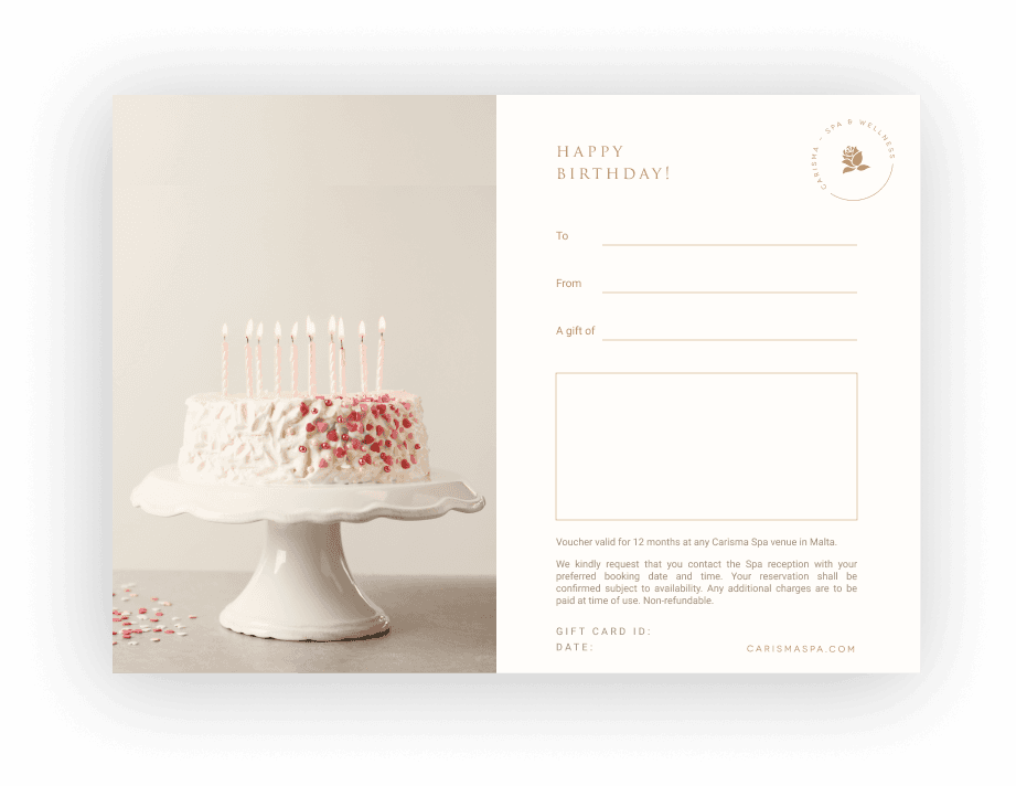 Carisma Slimming gift card, ready to give for any occasion in Malta