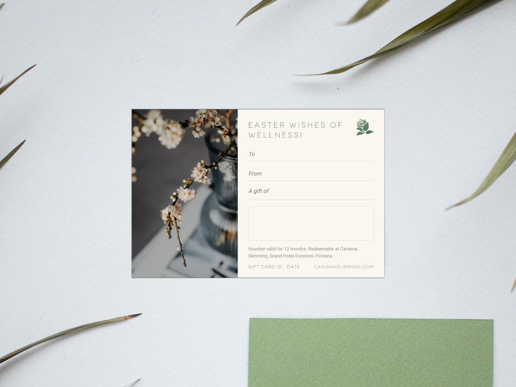 Easter Carisma Slimming gift card, styled flat-lay