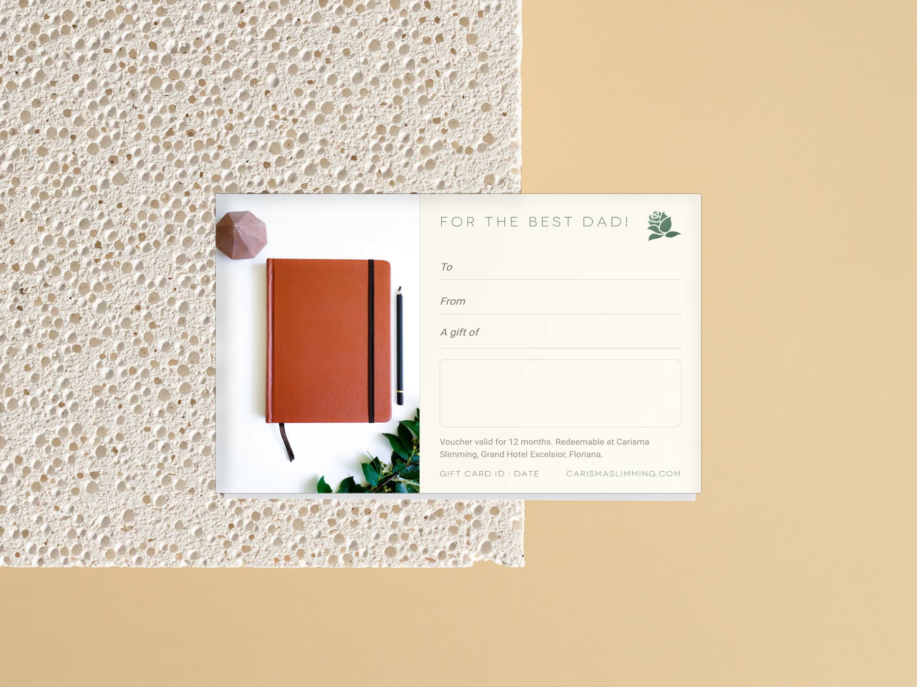 Father's Day Carisma Slimming gift card, styled flat-lay