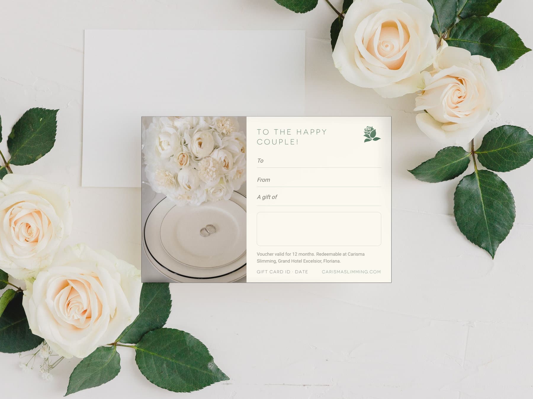 Wedding & Honeymoon Carisma Slimming gift card, styled flat-lay