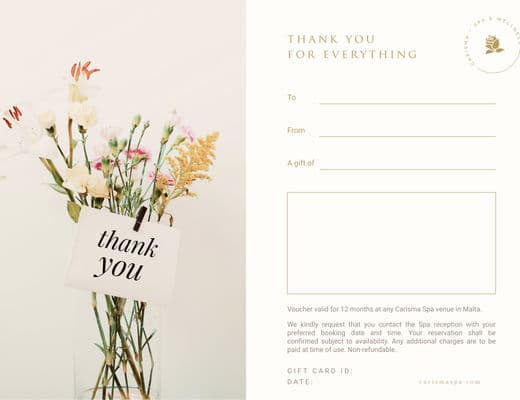 Thank You gift card design by Carisma Slimming Malta